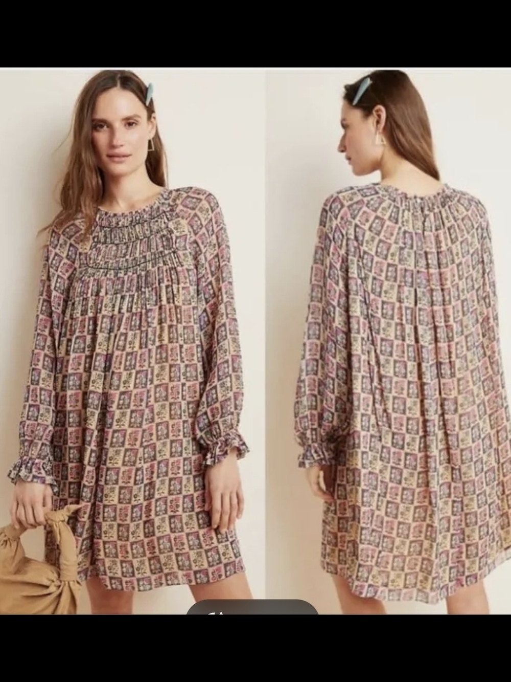 Smocked Yoke Mini Dress in Pink Geo Print